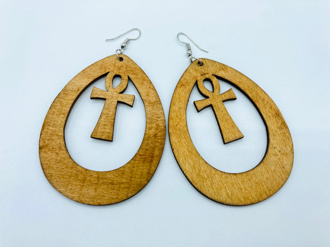 Light Brown Ankh Inside Wooden Teardrop Hoop Earrings