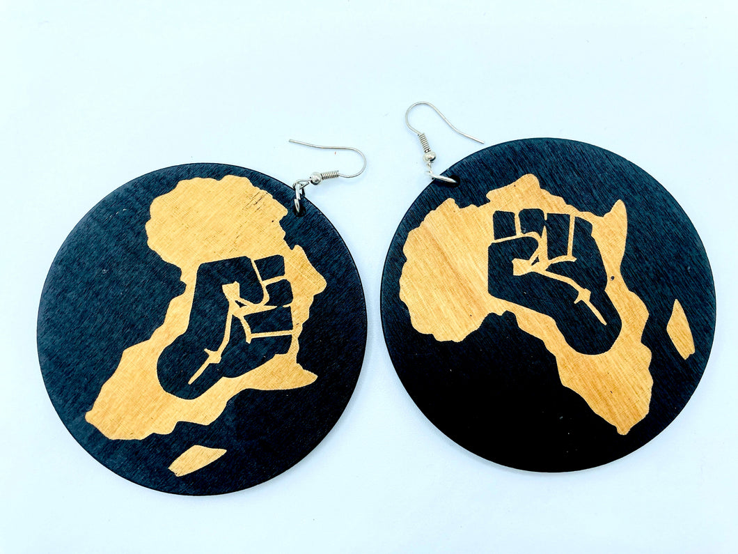 Raised Fist in Africa Wooden Earrings